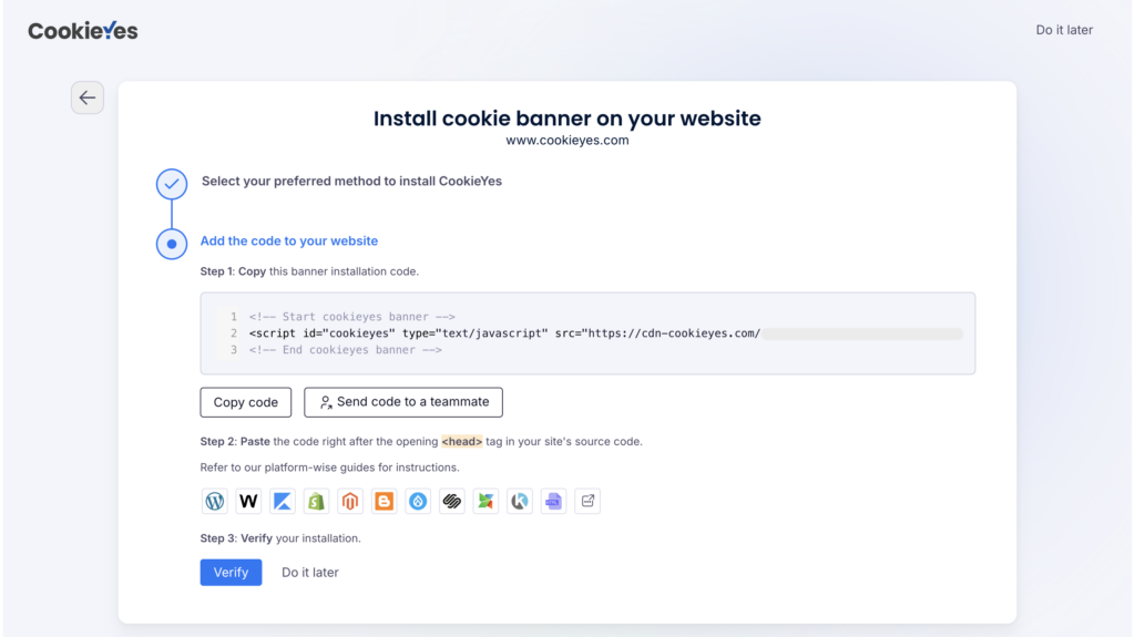 Cookie banner installation screen in app.cookieyes.com